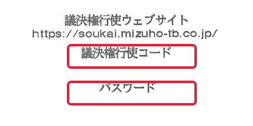 議決権行使書に記載の「議決権行使コード」と「パスワード」の欄を赤枠で示した図。